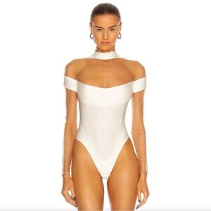 Mugler White Off-Shoulder Choker Bodysuit
